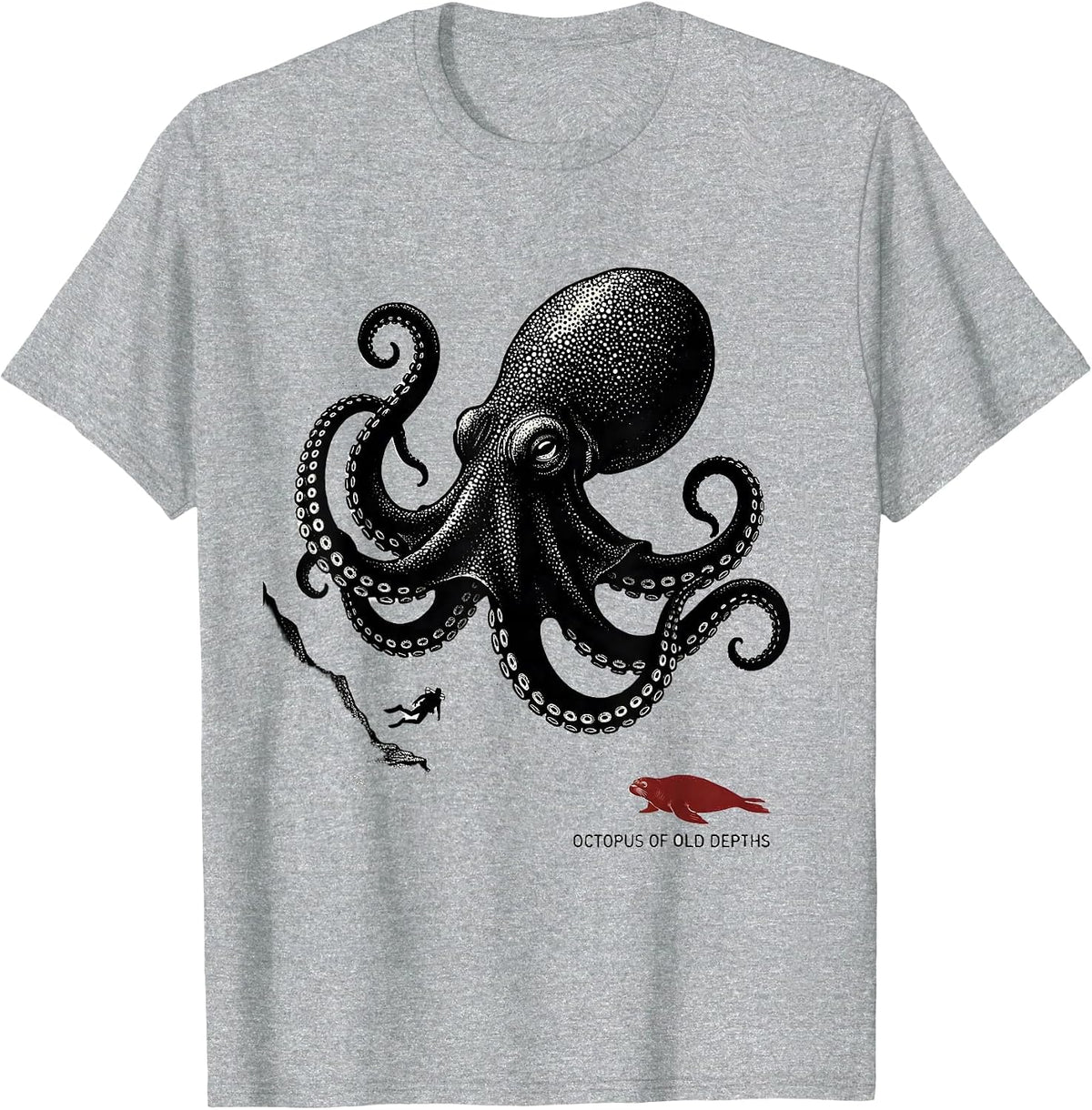 Men's Octopus of Old Depths Blackwork Dotwork Ocean Animal Lover T-Shirt - Heather Grey