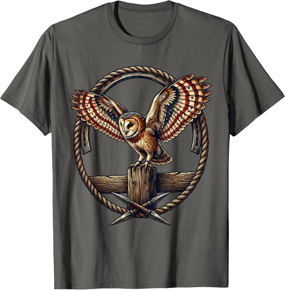 Men's Barn Owl on Fence Post Illustration T-Shirt - Asphalt Grey