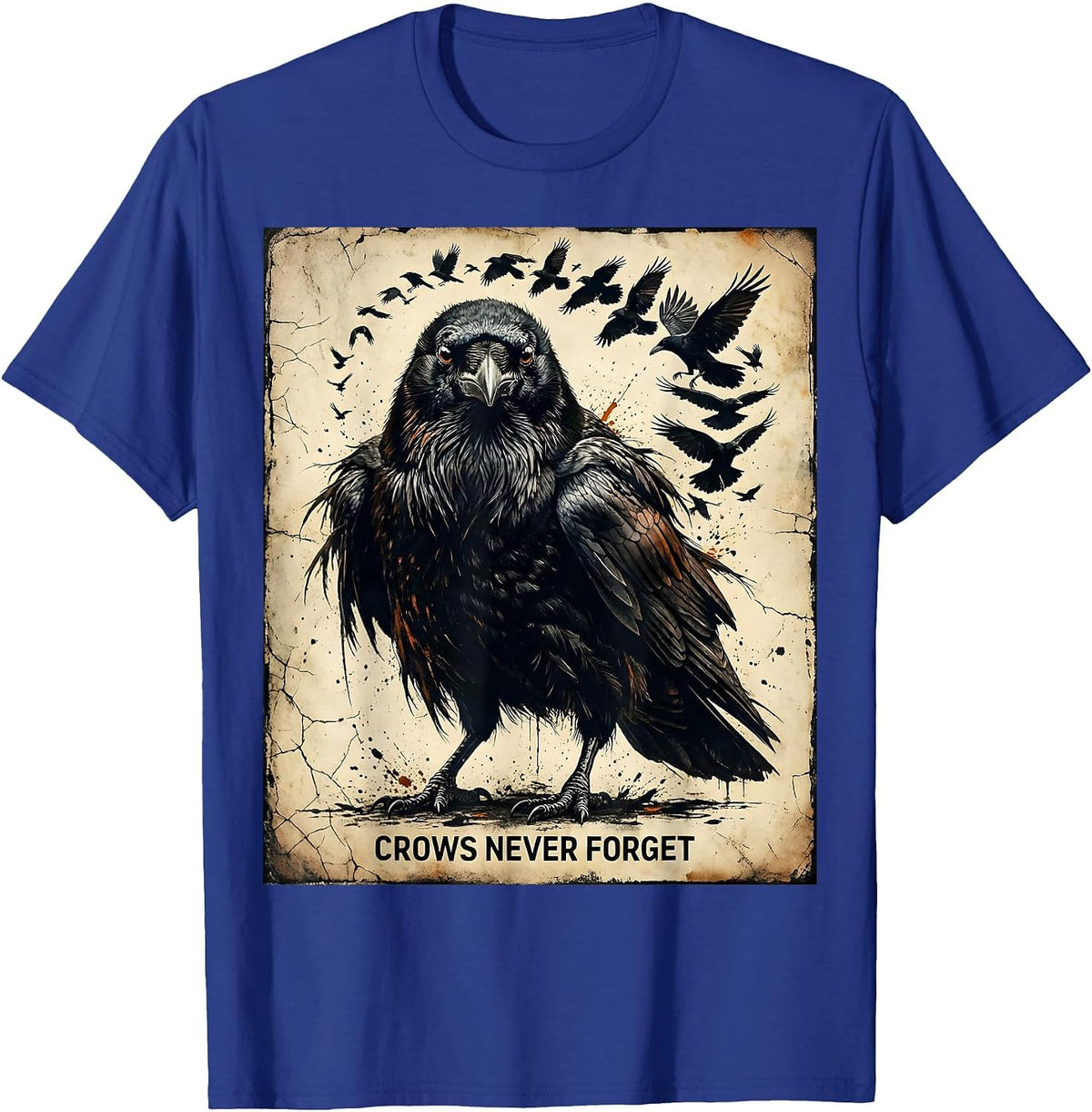 Crows Never Forget Clever Crow Design T-Shirt - Royal Blue