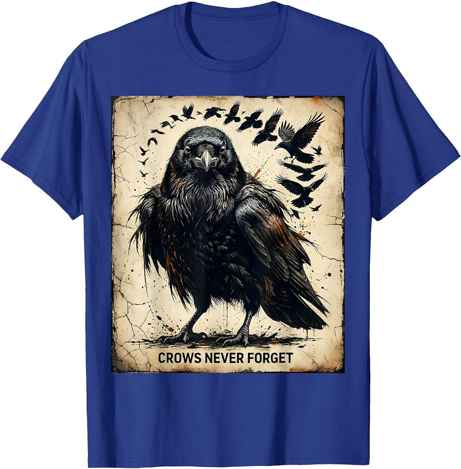 Crows Never Forget Clever Crow Design T-Shirt - Royal Blue