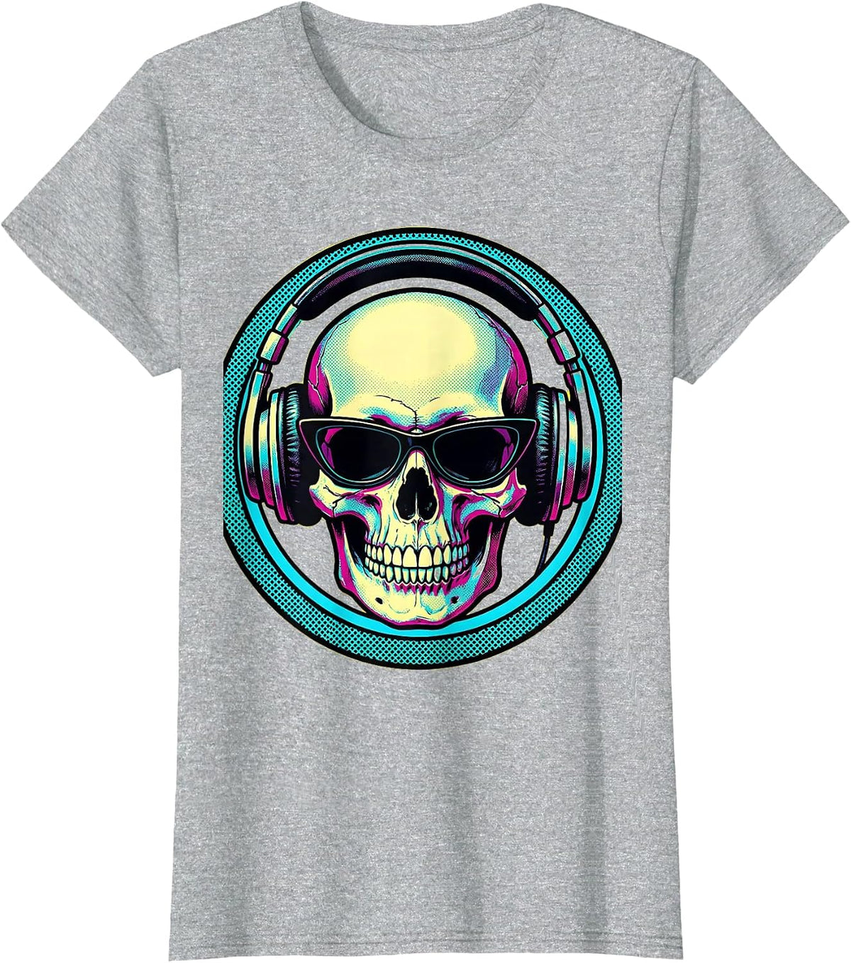 Skull Vintage Headphones Sunglasses Band Graphic T-Shirt - Heather Grey