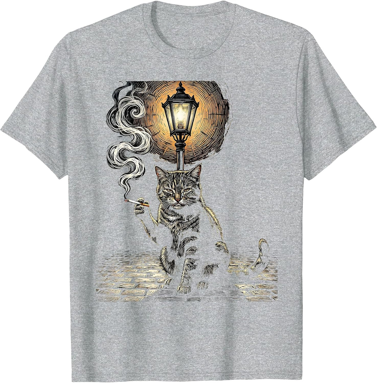 Men's Alley Cat Smoking Under Streetlamp Illustration T-Shirt - Heather Grey
