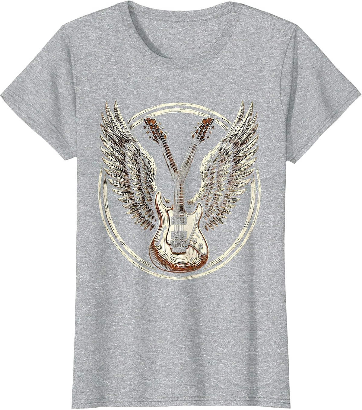 Double-Neck Guitar With Wings Rock Music Design T-Shirt - Heather Grey