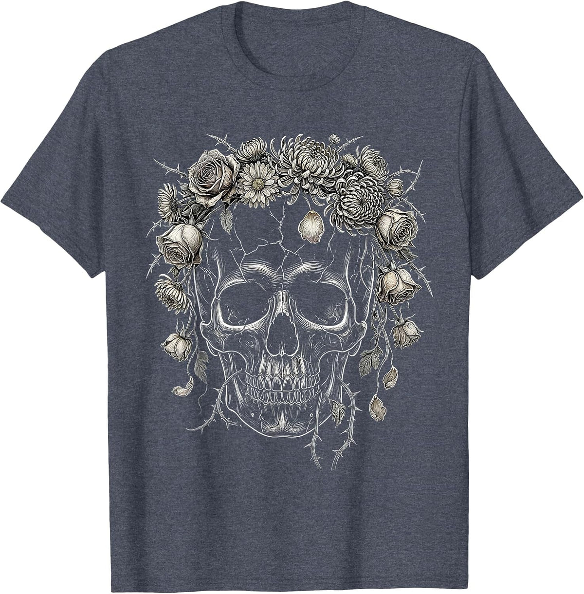 Skull Crowned With Dead Flowers Emo Graphic T-Shirt - Heather Blue