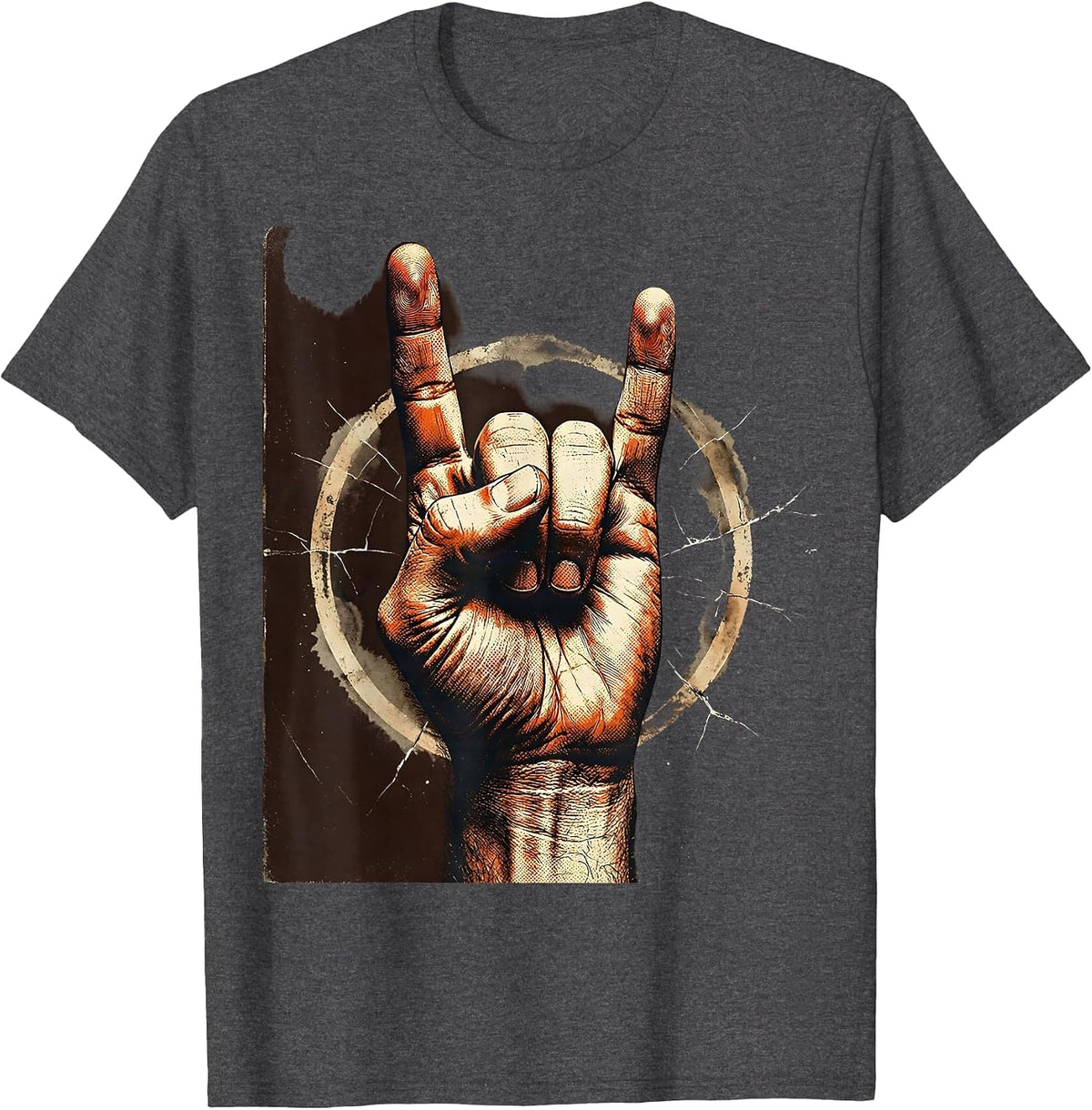 80s Rock Devil Horns Hand Gesture Graphic T-Shirt - Dark Heather Grey