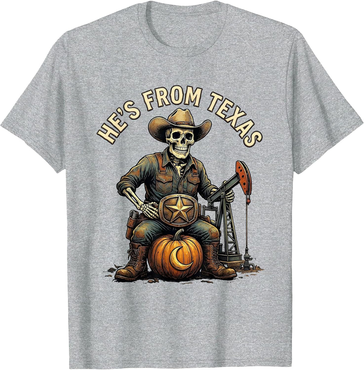 Men's He's From Texas Funny Skeleton Cowboy Halloween Horror T-Shirt - Heather Grey