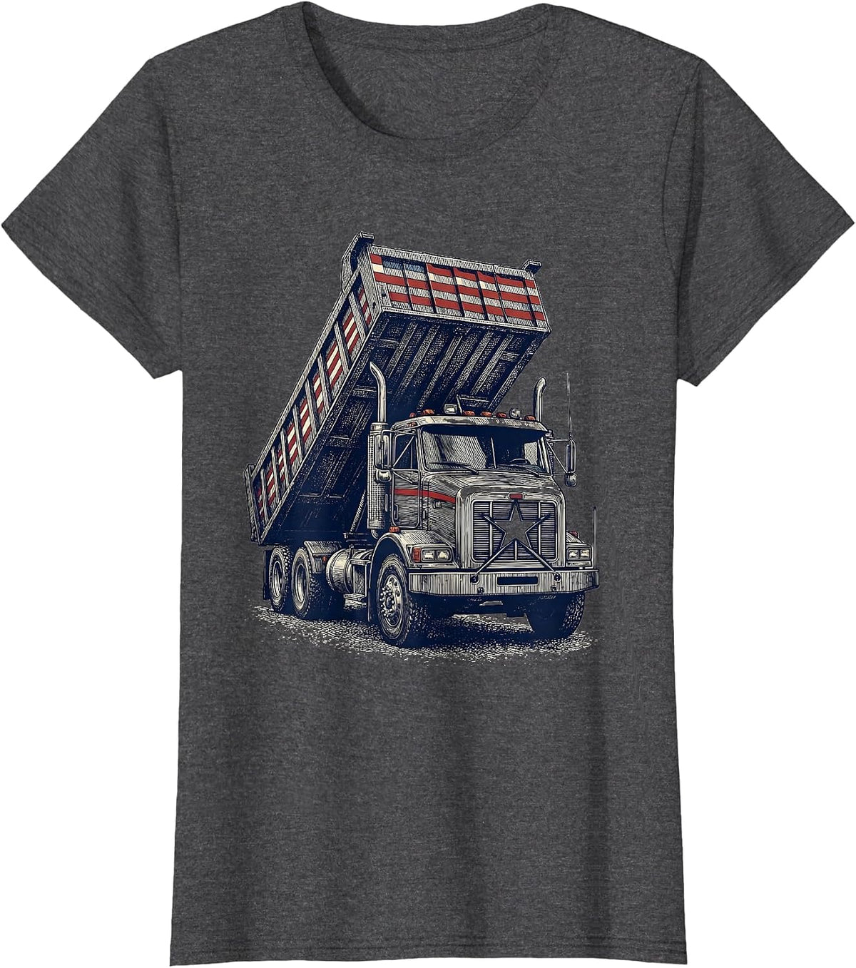 Women's Heavy Dump Truck Crosshatch Etching Patriotic Driver T-Shirt - Dark Heather Grey
