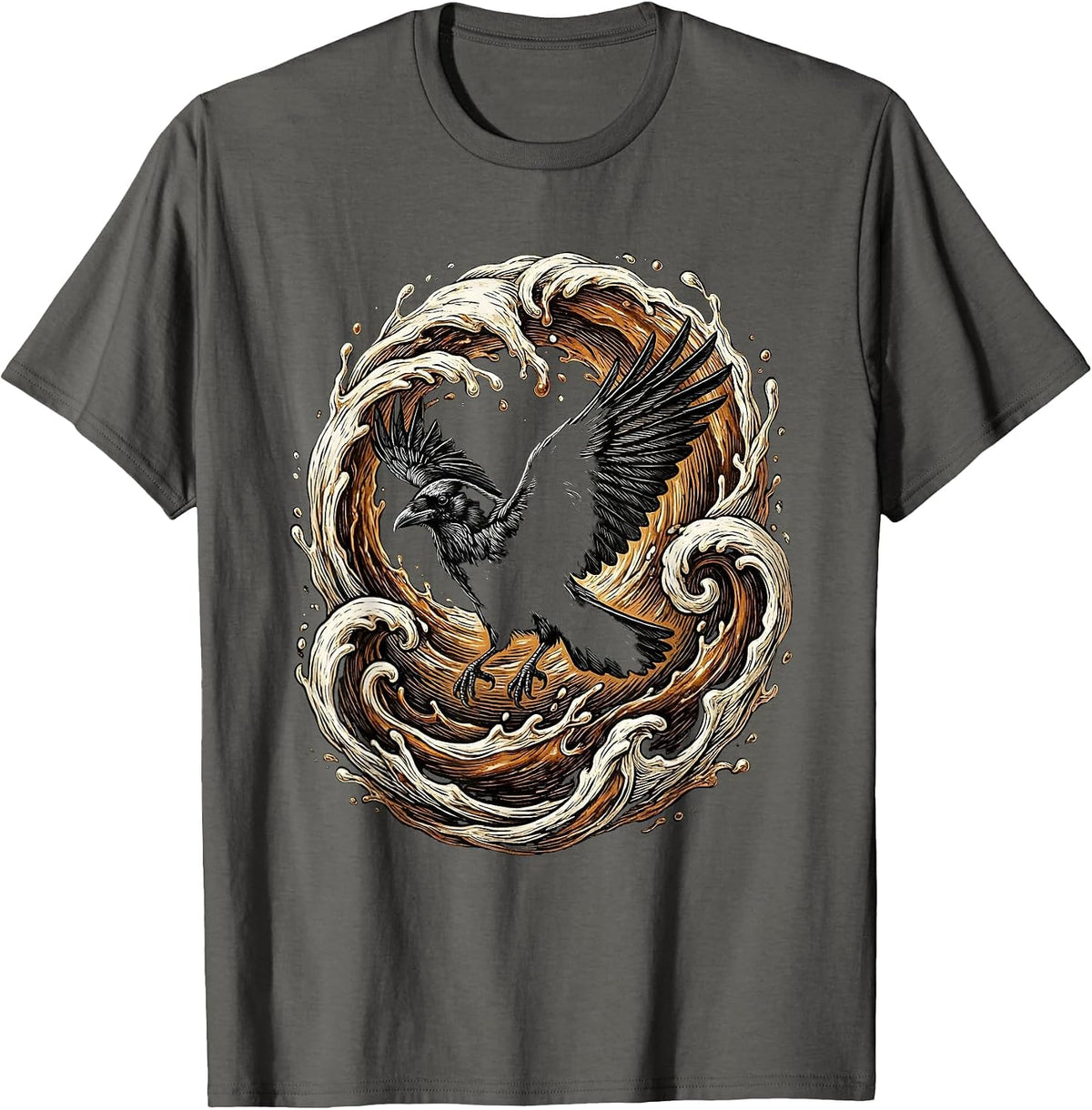 Cawf Crow Silhouette Coffee Cup Splash Art T-Shirt - Asphalt Grey