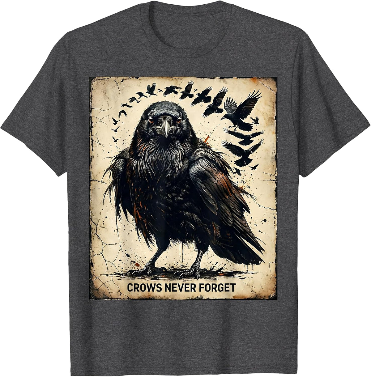 Crows Never Forget Clever Crow Design T-Shirt - Dark Heather Grey