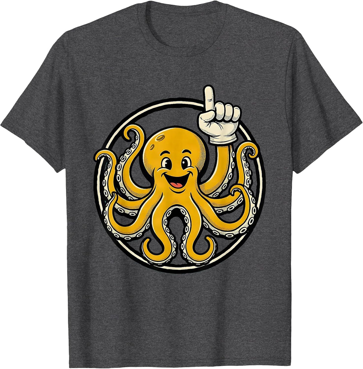 Men's Octopus Badge Retro Cartoon Ocean Animal Lover T-Shirt - Dark Heather Grey