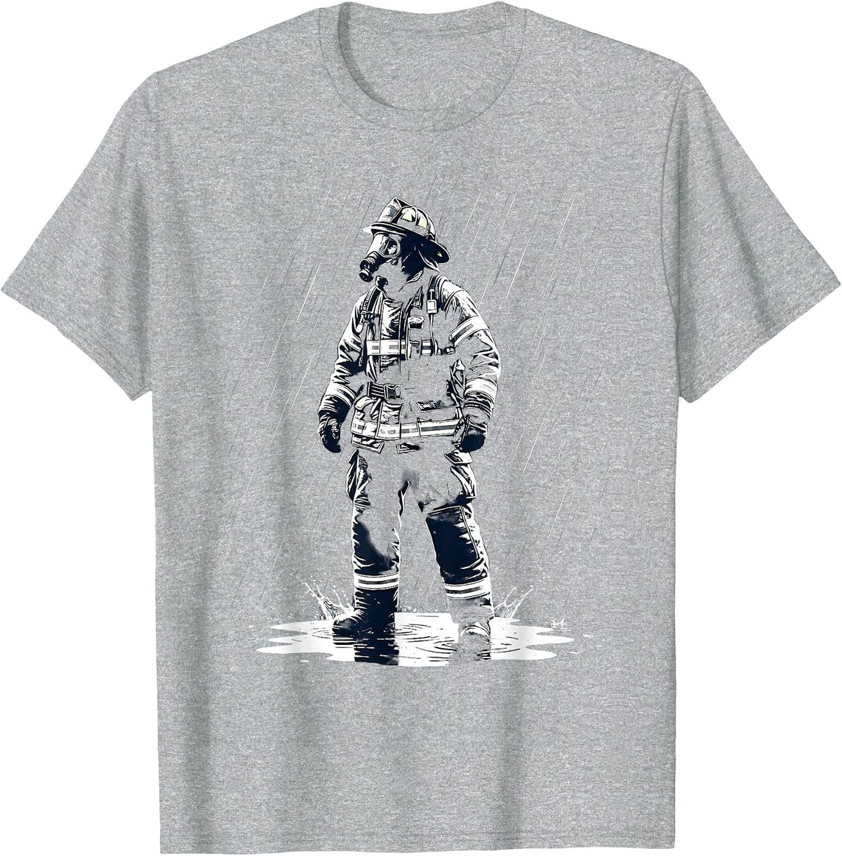Men's Firefighter in Full Gear Standing in Heavy Rain T-Shirt - Heather Grey