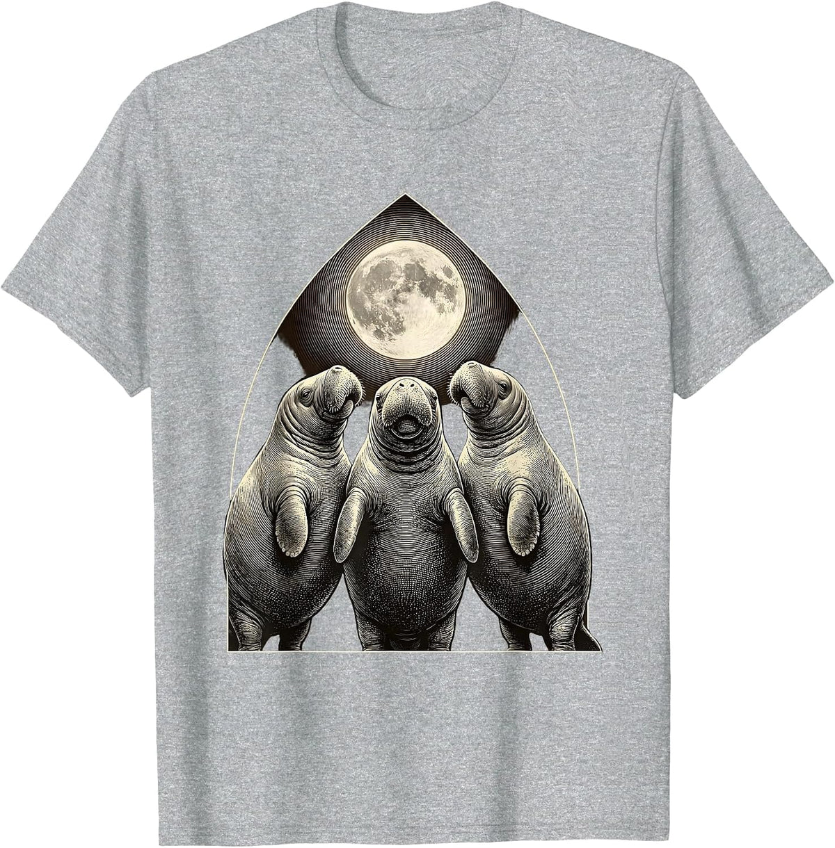 Men's Three Manatees Moon Crosshatch Etching Absurdist Meme T-Shirt - Heather Grey