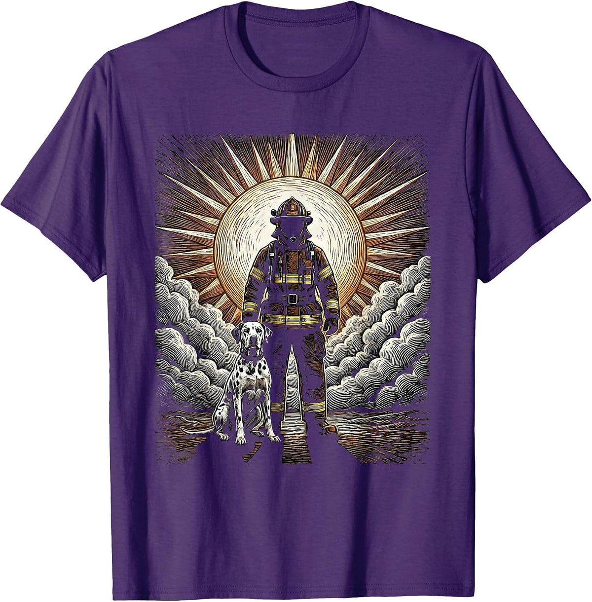 Dalmatian Firefighter Silhouette Sunset Design T-Shirt - Purple