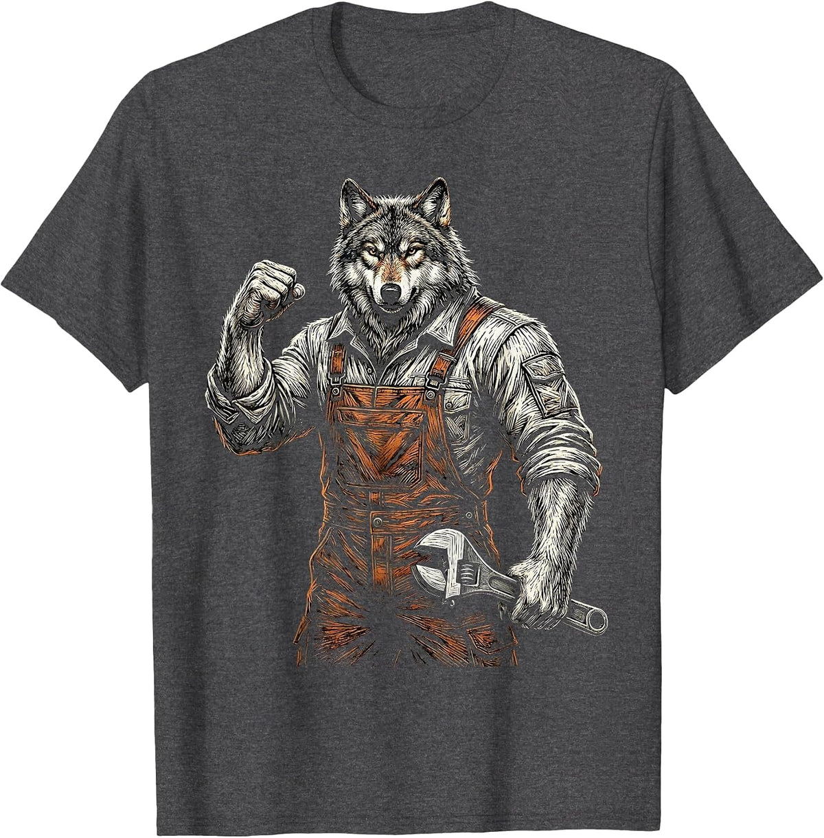 Wolf Mechanic in Coveralls Holding a Wrench T-Shirt - Dark Heather Grey