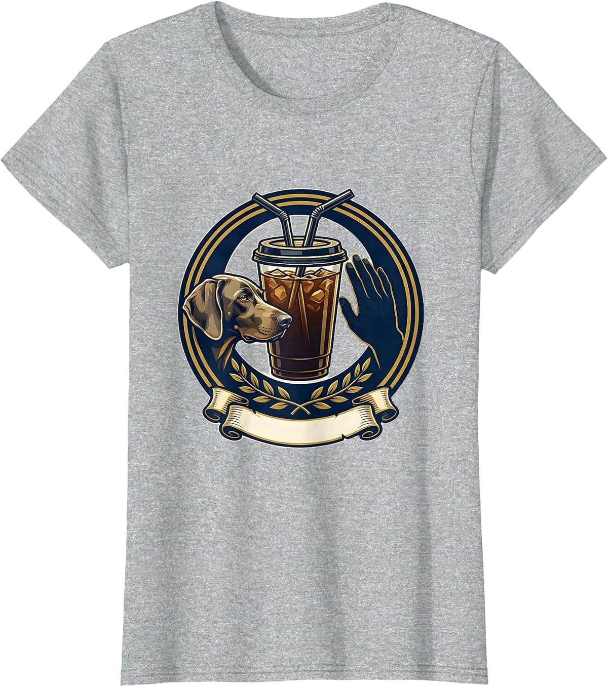 Weimaraner Drinking Iced Coffee Emblem Novelty Dog Breed T-Shirt - Heather Grey