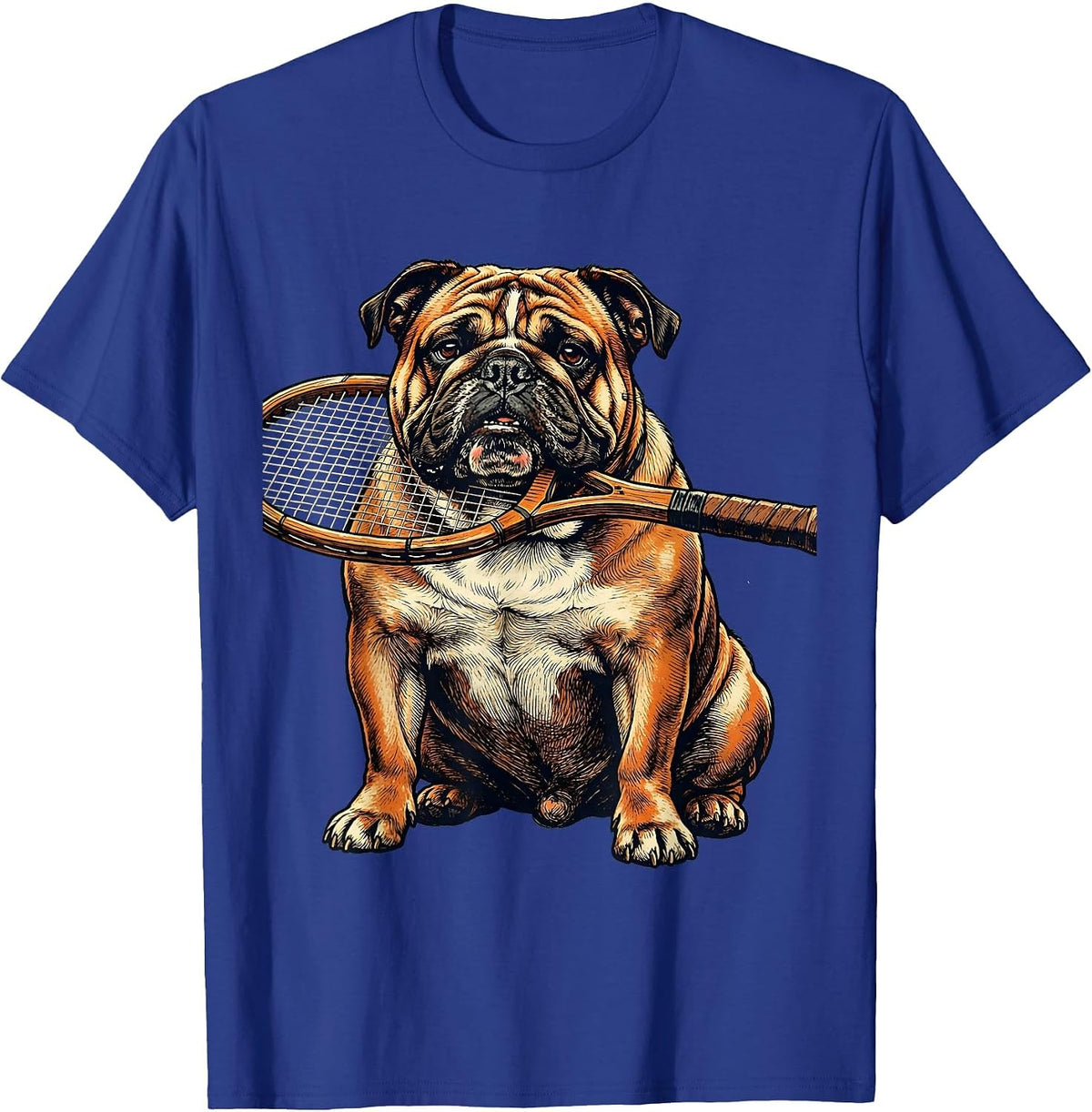 Bulldog Tennis Player with Racket Graphic Tee T-Shirt - Royal Blue