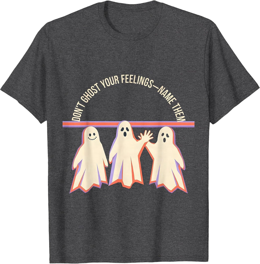 Men's Don't Ghost Your Feelings—Name Them Mental Health Halloween T-Shirt - Dark Heather Grey