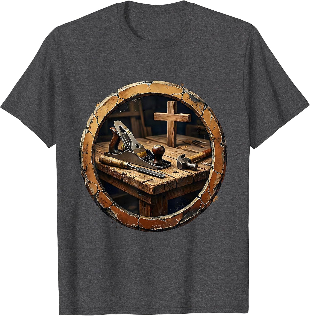 Jesus the Carpenter Tools and Table Illustration T-Shirt - Dark Heather Grey