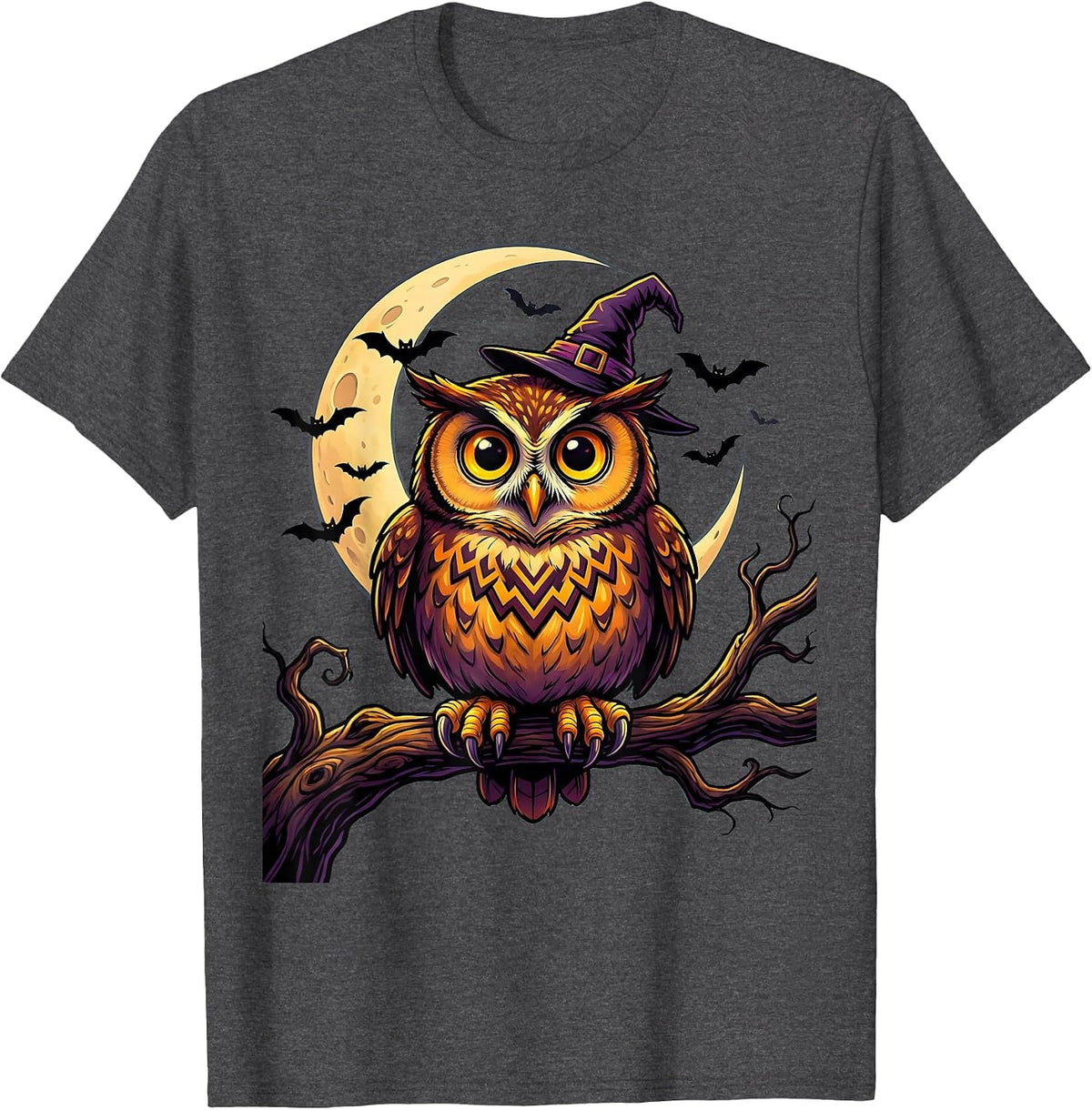 Witch Hat Owl at Dusk Halloween Design T-Shirt - Dark Heather Grey