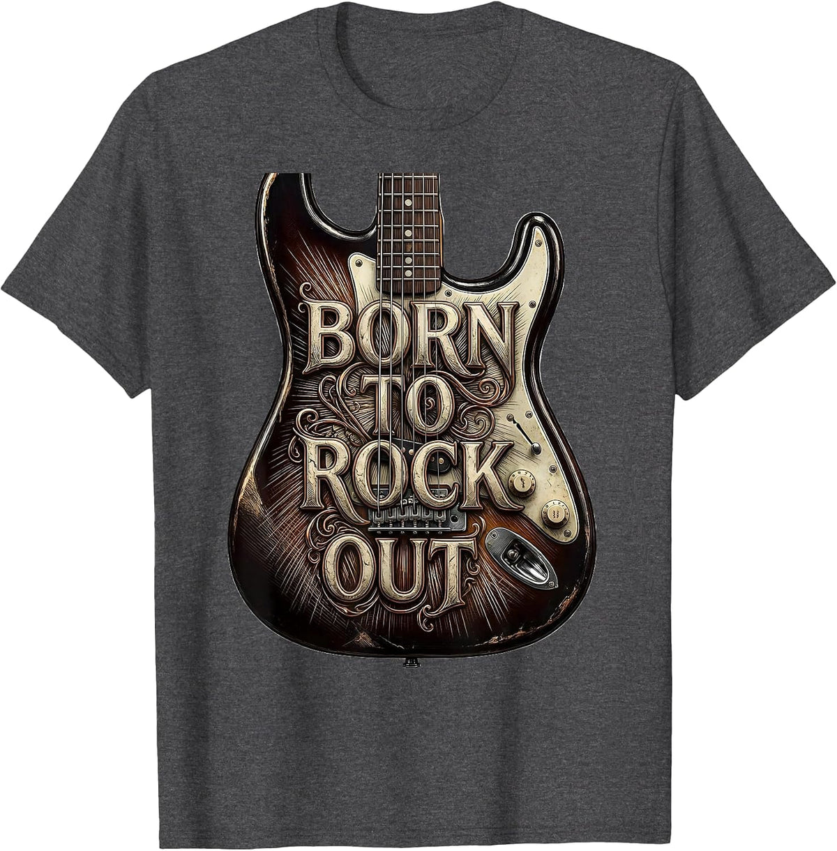 Born to Rock Out Graphic Music Design T-Shirt - Dark Heather Grey