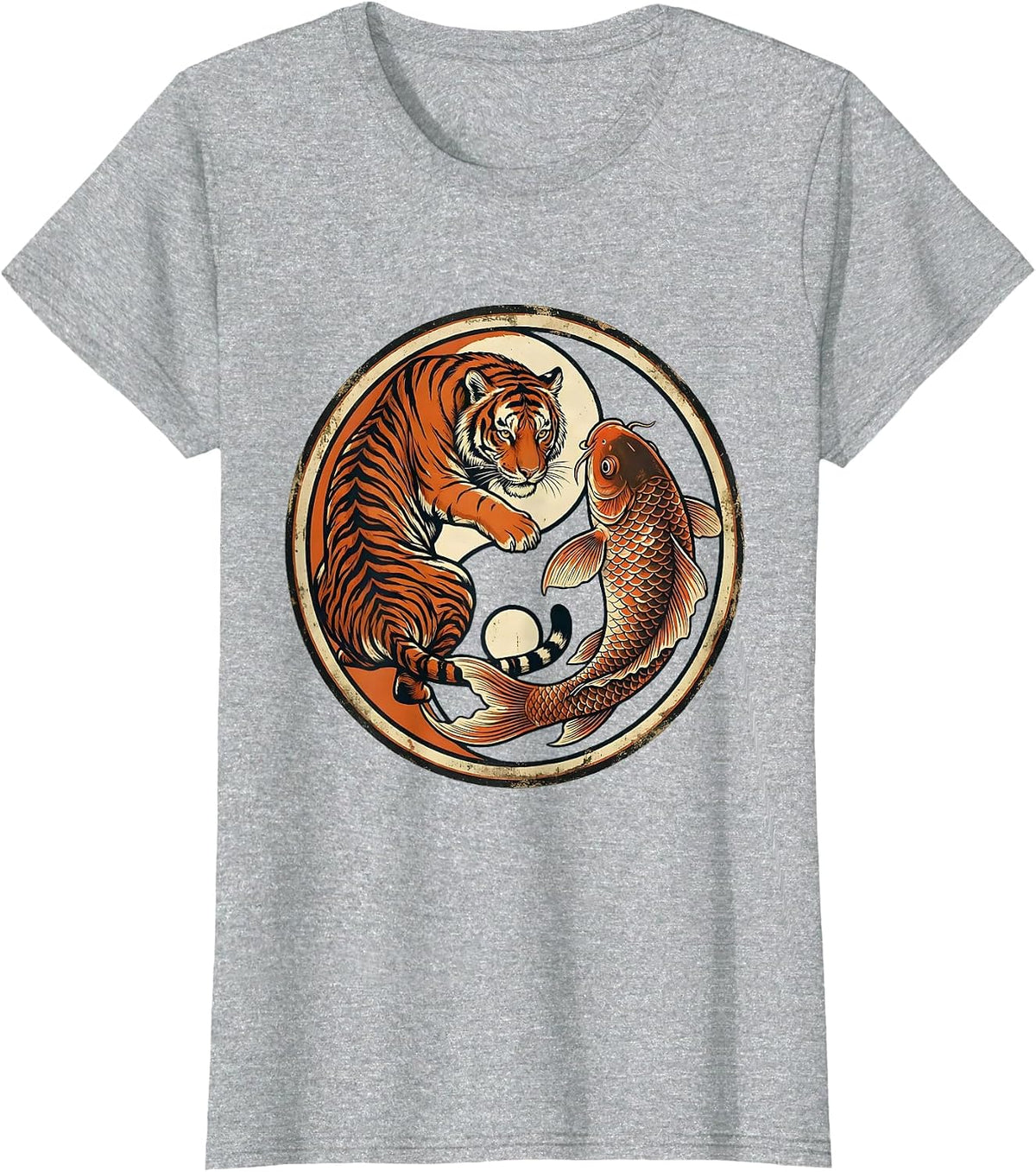 Tiger and Koi Fish Yin-Yang Balance Design T-Shirt - Heather Grey