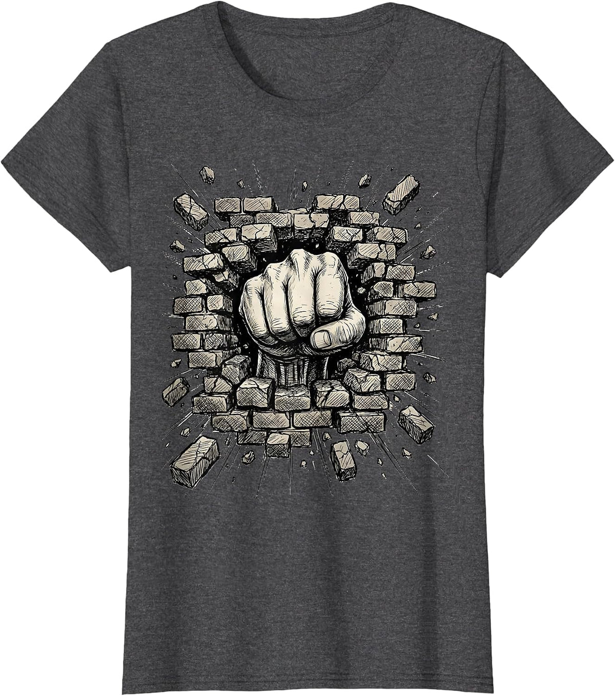 Women's Grunge Fist Through Brick Wall Graphic Tee T-Shirt - Dark Heather Grey
