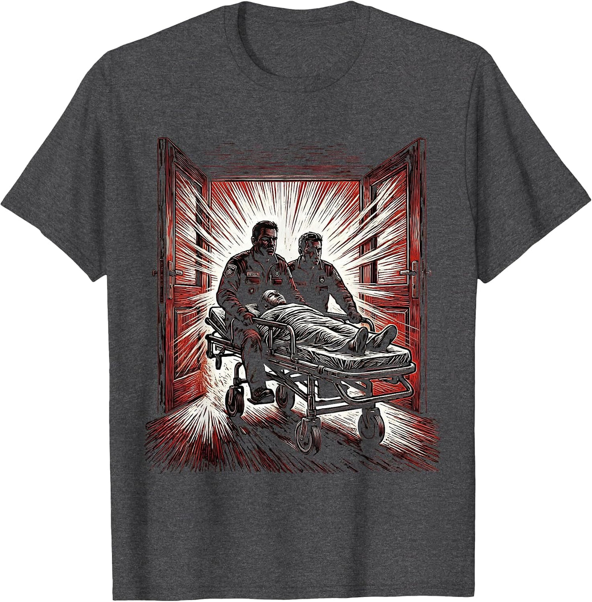 Men's EMT Rushing Patient on Stretcher Graphic T-Shirt - Dark Heather Grey