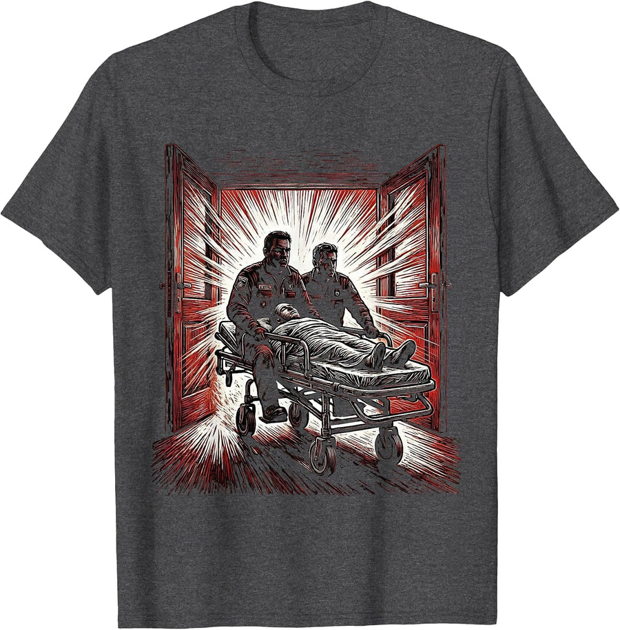 Men's EMT Rushing Patient on Stretcher Graphic T-Shirt - Dark Heather Grey