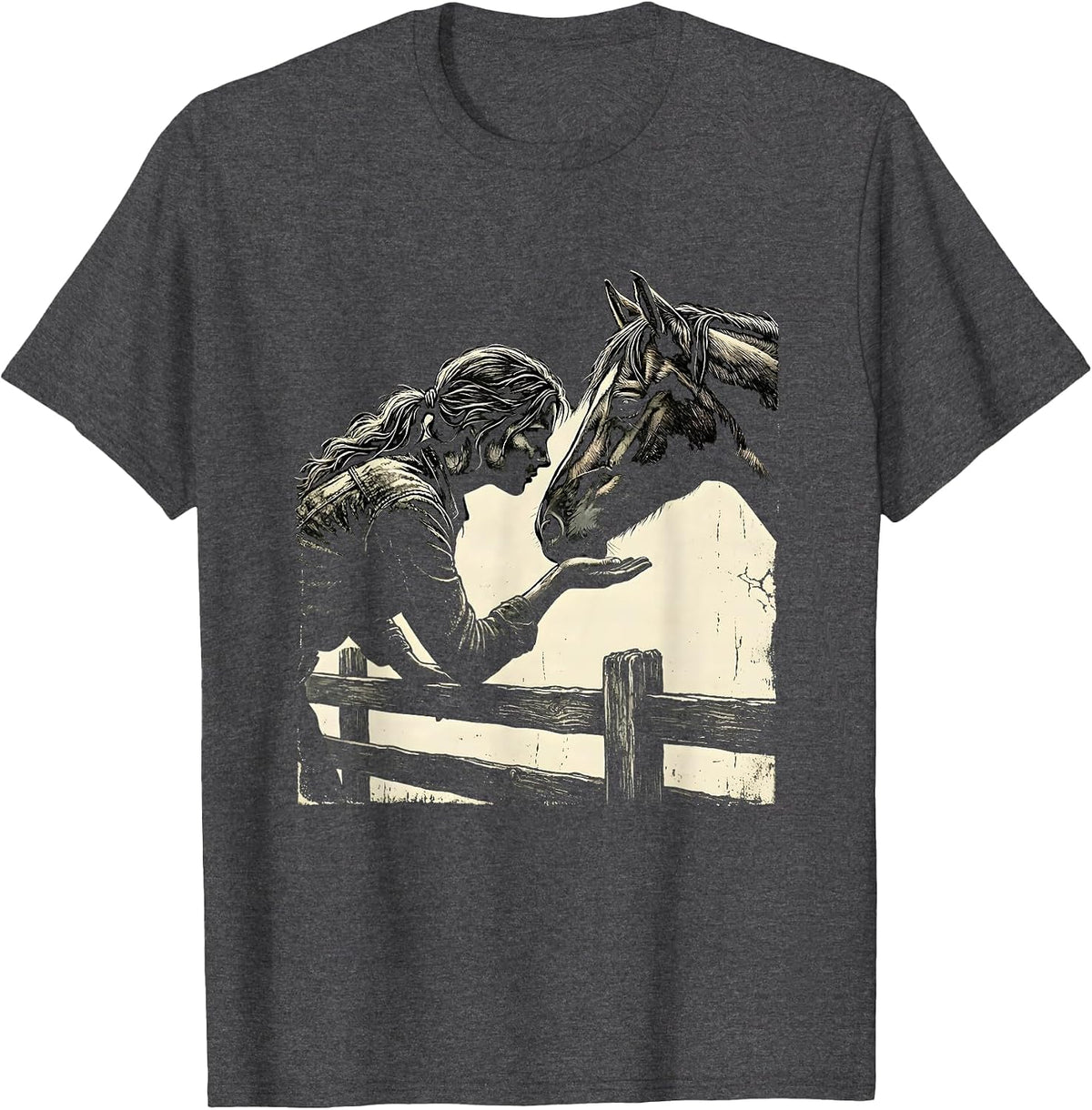 Horse Lover Apple Feeding Over Fence Illustration T-Shirt - Dark Heather Grey