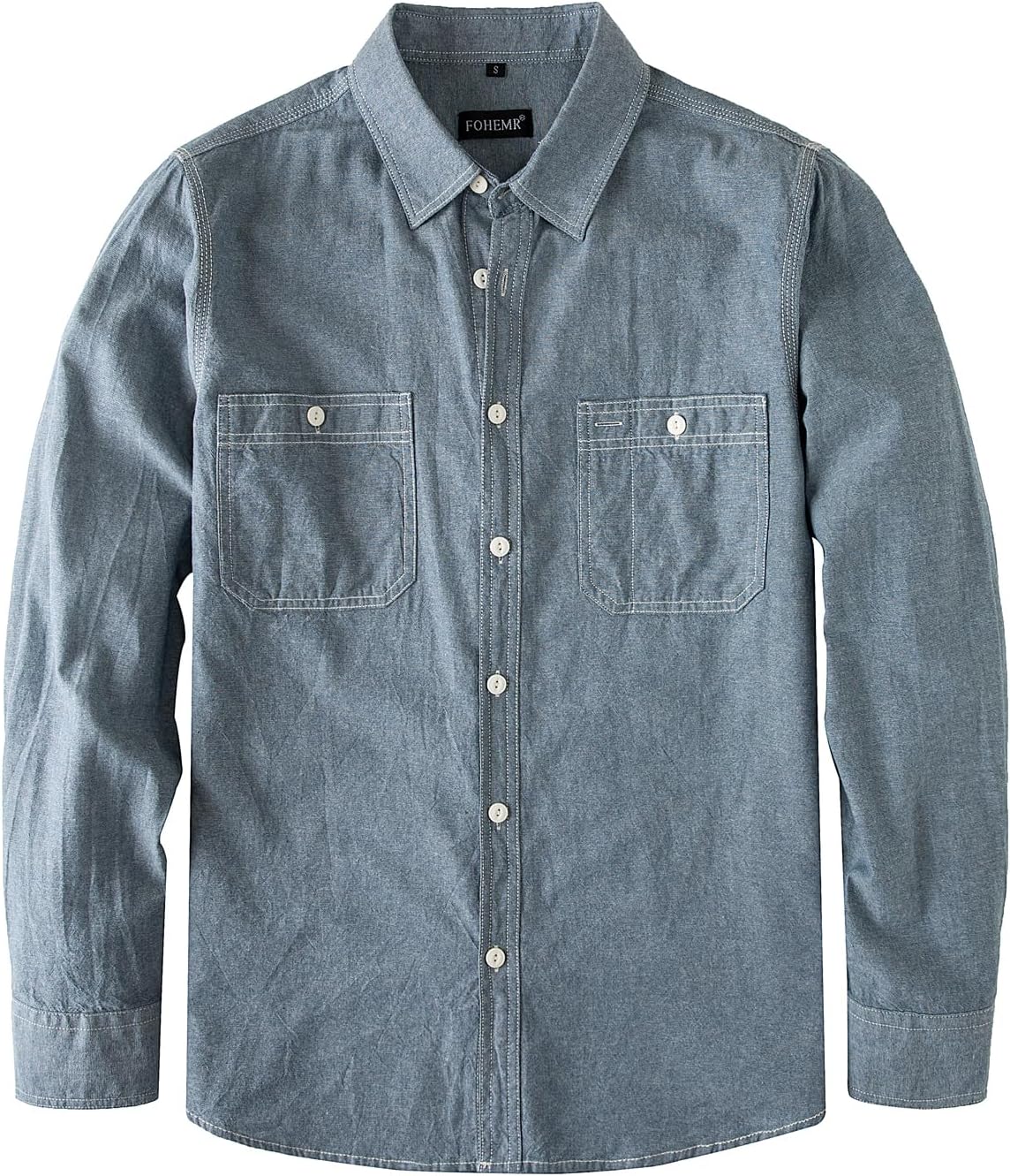 fohemr Men's Chambray Shirt Work Button Down Long Sleeve with Two Pocket - Blue03