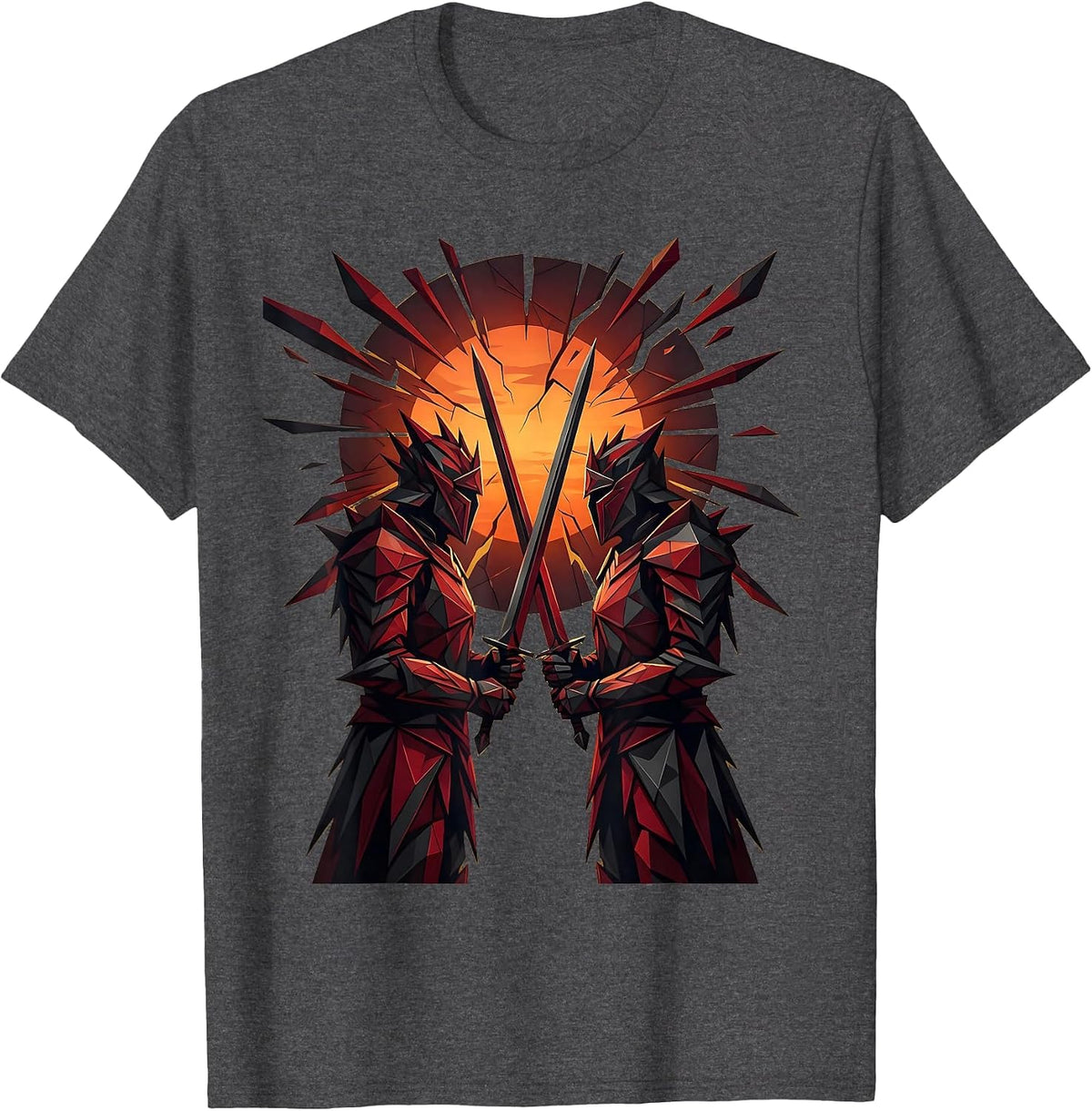 Samurai Crossing Blades at Dusk Graphic T-Shirt - Dark Heather Grey