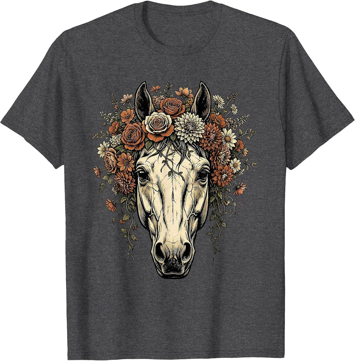 Horse Skull Floral Crown Gothic Nature Art T-Shirt - Dark Heather Grey
