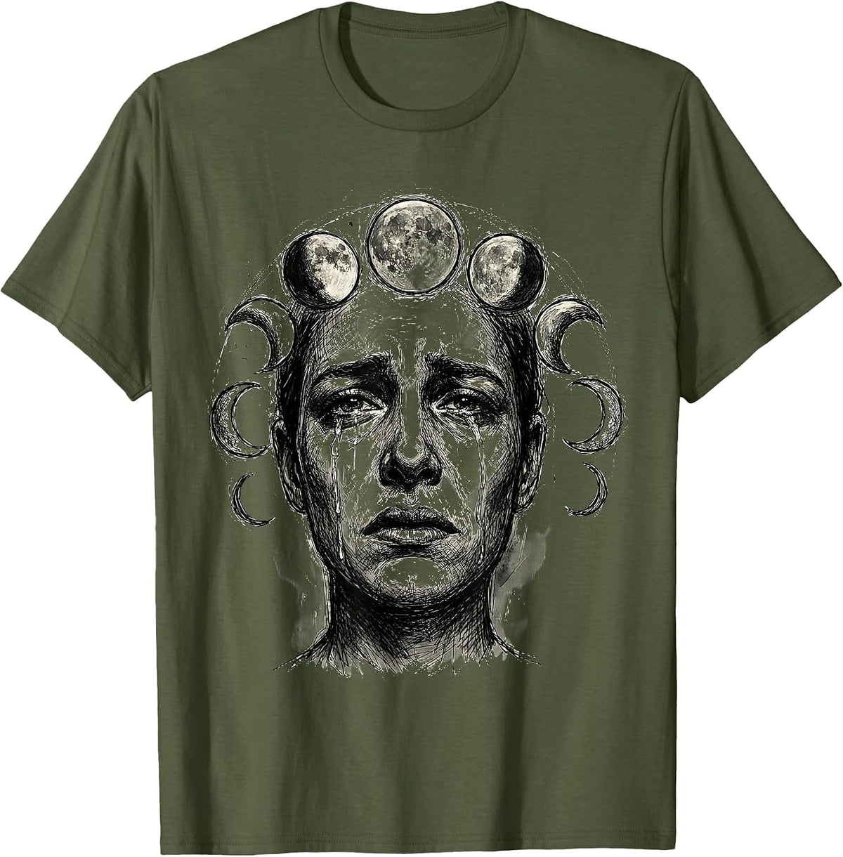 Moon Phases Weeping Portrait Emo Graphic Tee T-Shirt - Olive Green