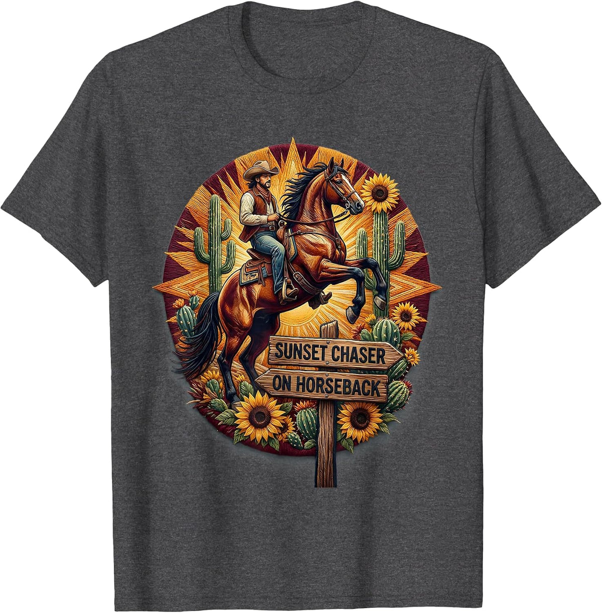 Sunset Chaser On Horseback Cowboy Design T-Shirt - Dark Heather Grey