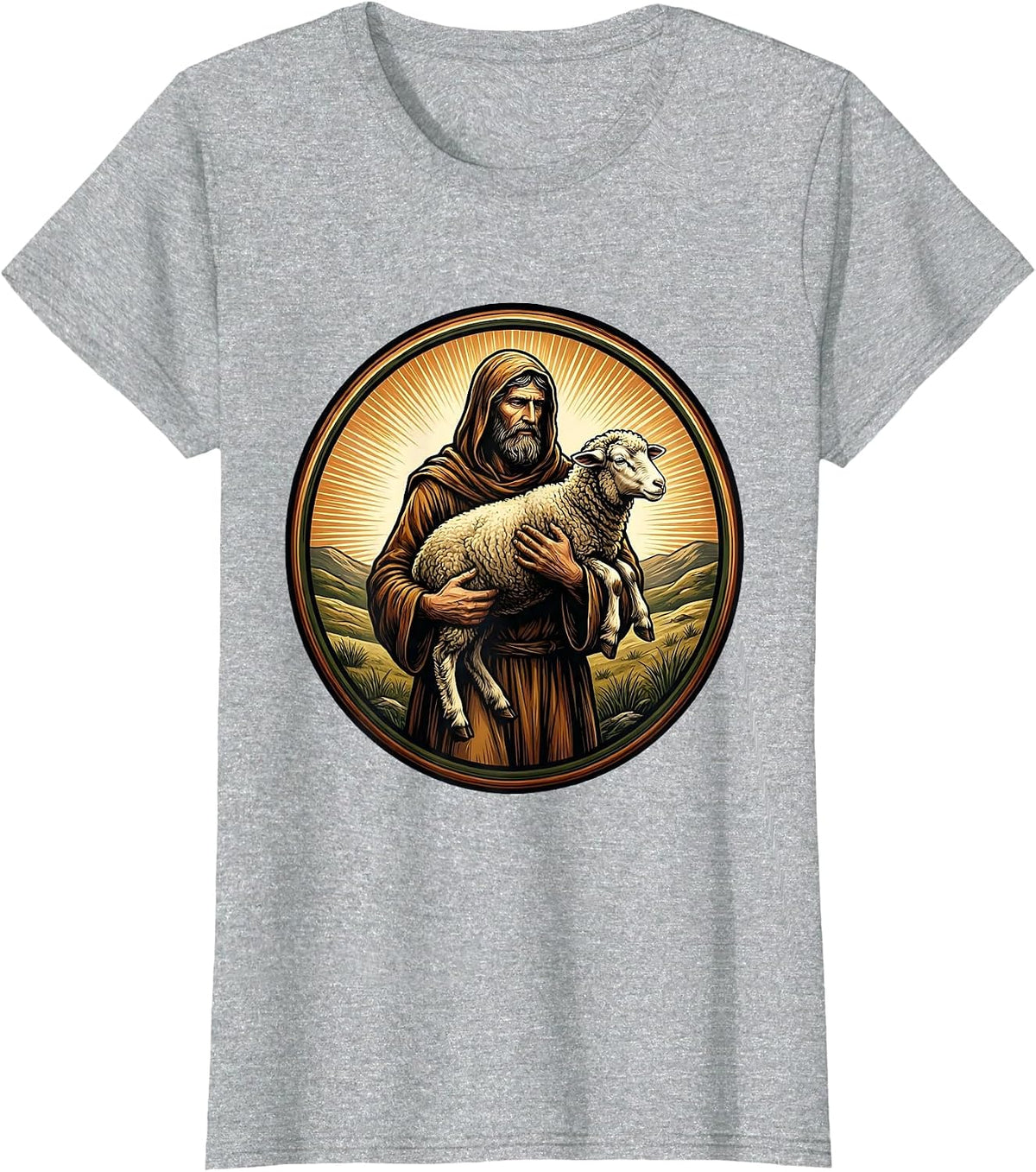 Shepherd Carrying Lost Sheep Christian Graphic T-Shirt - Heather Grey
