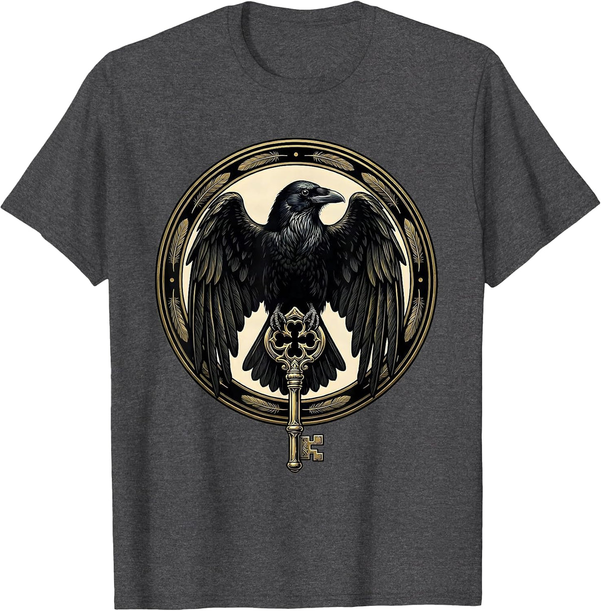 Crow Clutching Skeleton Key Gothic Art T-Shirt - Dark Heather Grey
