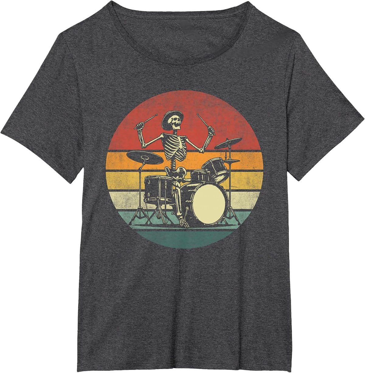 Retro Drummer Rock Skeleton Drummer Skeleton Playing Drum T-Shirt - Dark Heather Grey