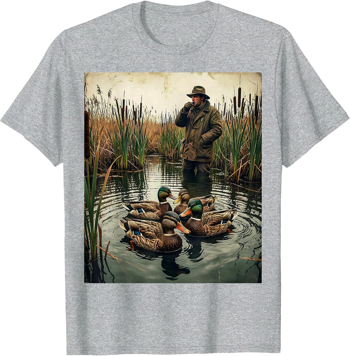Men's Duck Hunter Calling With Decoys Graphic T-Shirt - Heather Grey