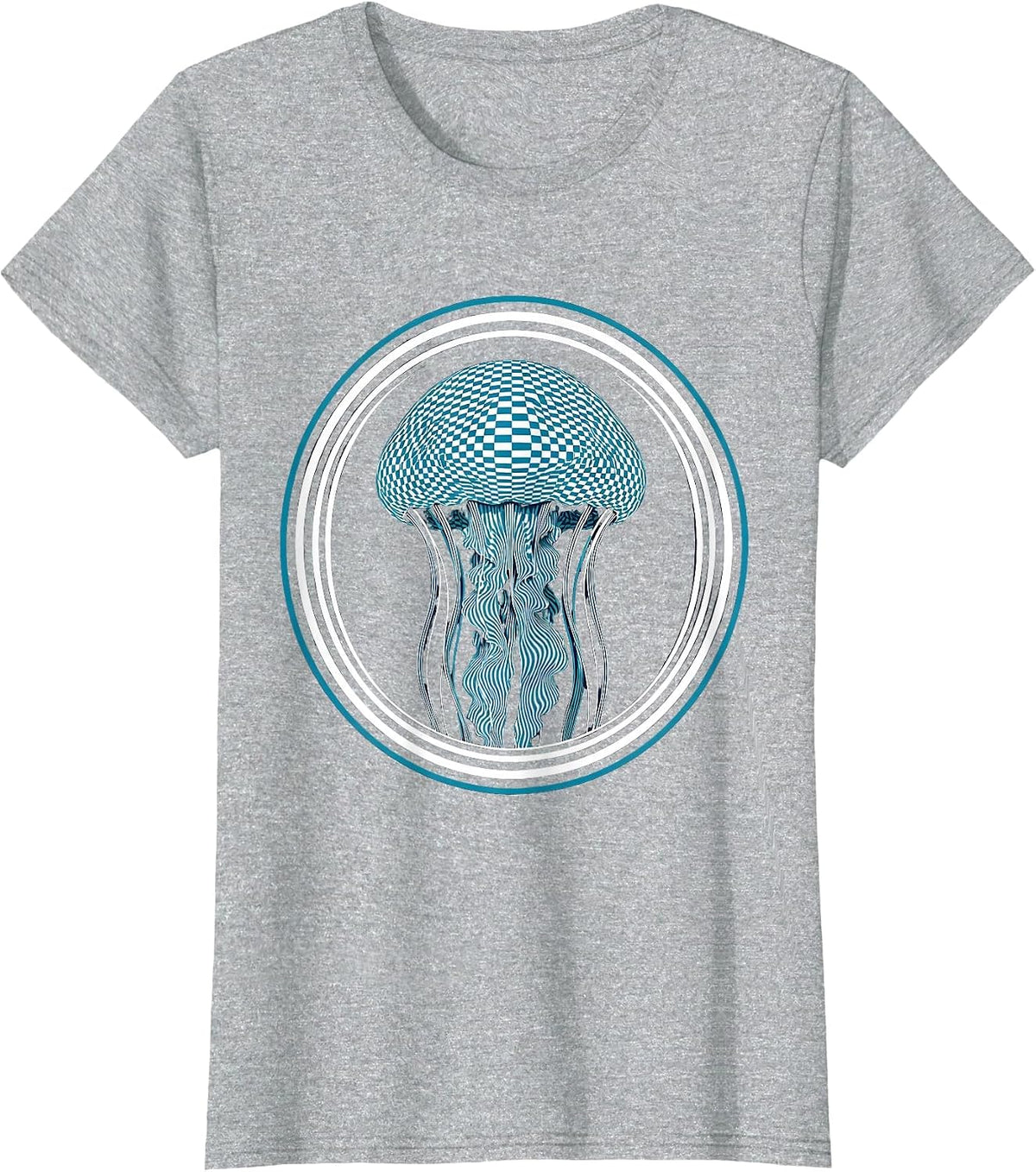 Women's Checkered Jellyfish Deep Ocean Graphic Design T-Shirt - Heather Grey