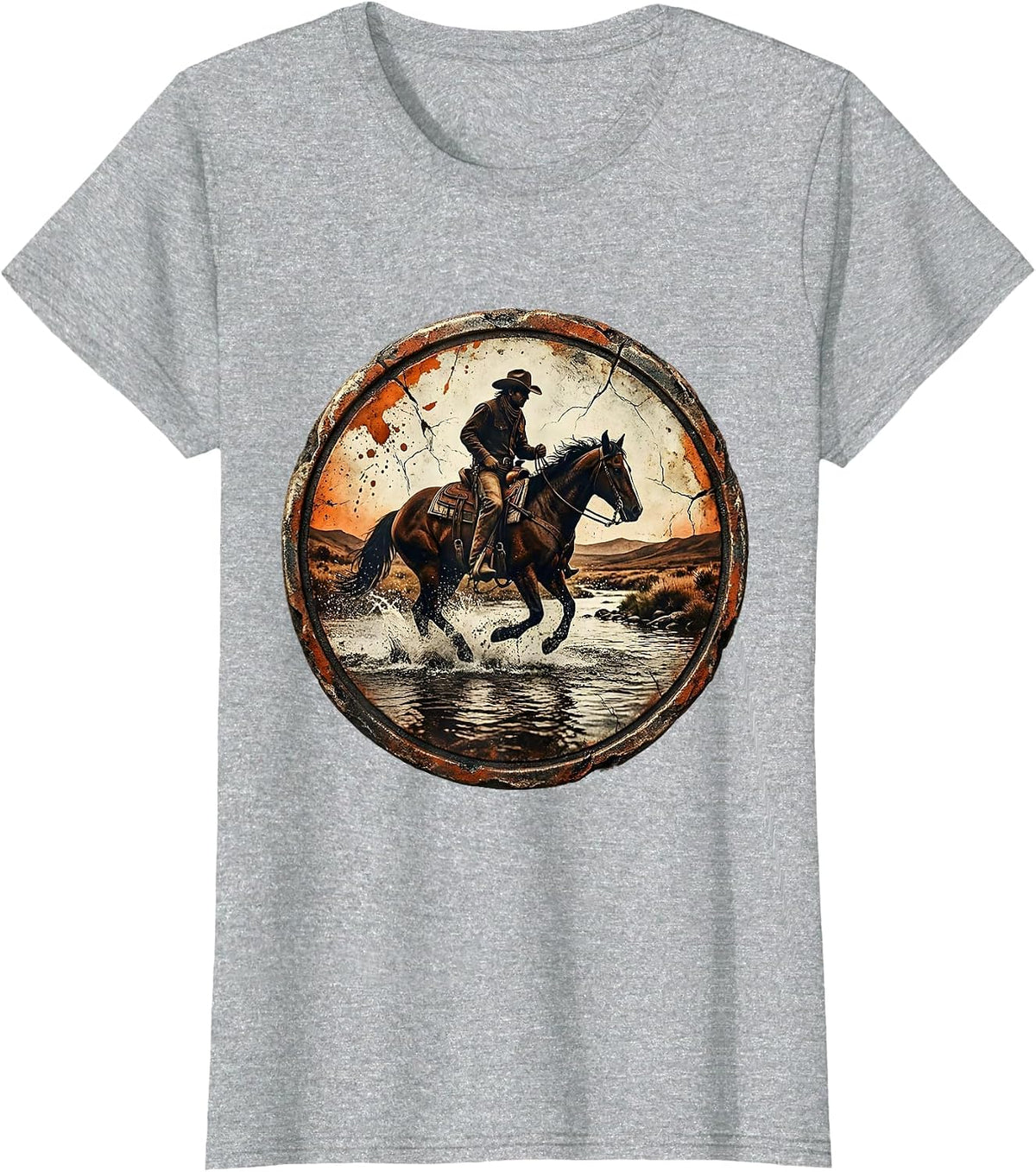 Cowboy on Horseback Crossing River Graphic T-Shirt - Heather Grey