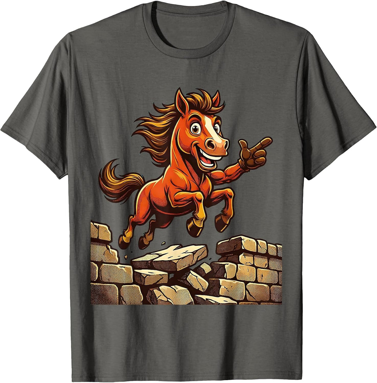 Horse Leaping Over Crumbling Stone Wall T-Shirt - Asphalt Grey