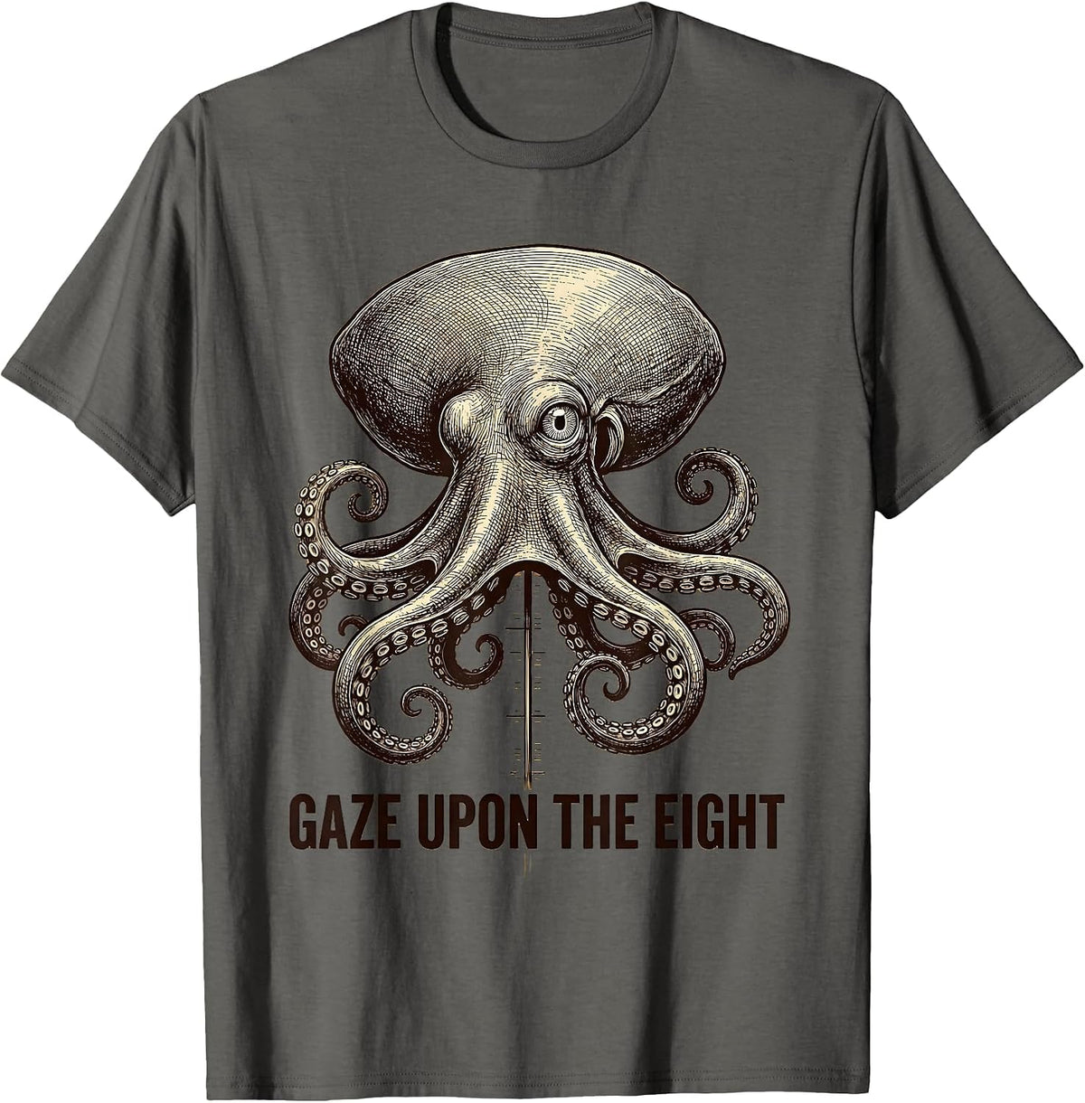Men's Gaze Upon The Eight Crosshatch Octopus Lover Sea Creature T-Shirt - Asphalt Grey