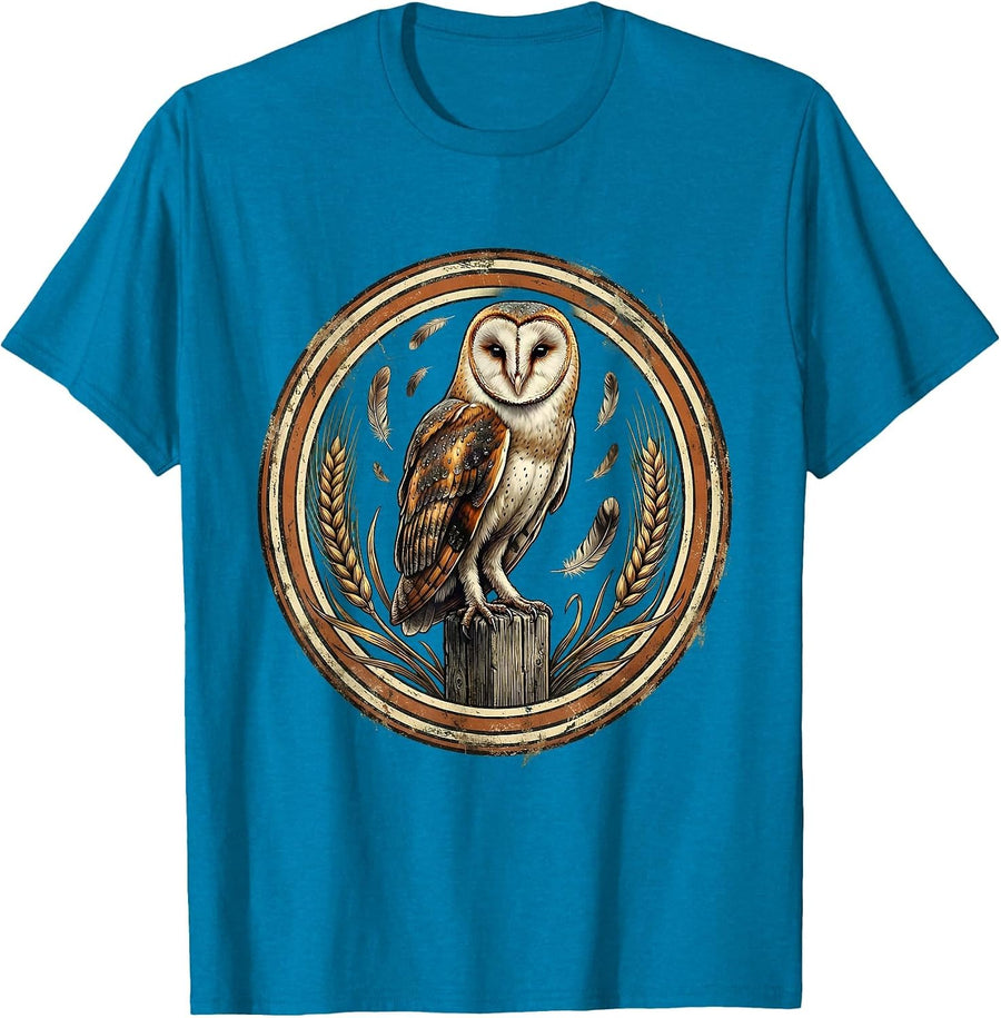Barn Owl Perched on Fence Post Illustration T-Shirt - Sapphire Blue