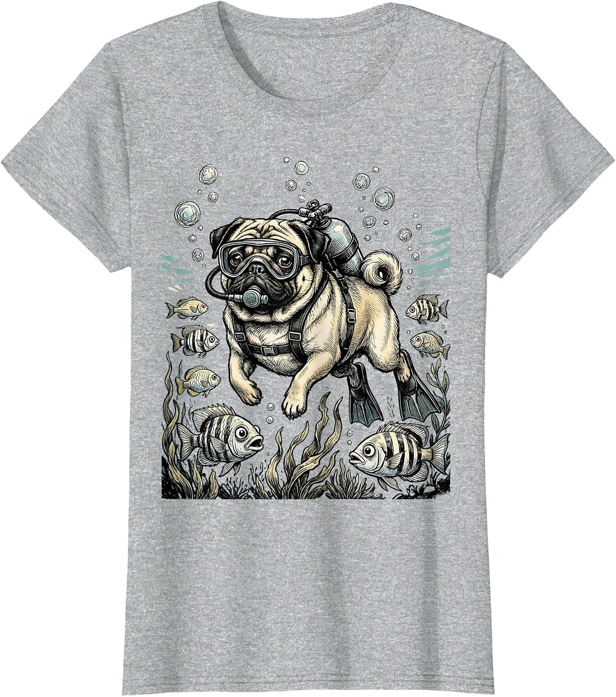 Pug Scuba Diver Underwater Adventure Graphic T-Shirt - Heather Grey