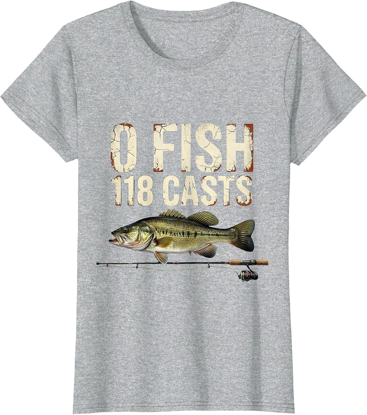 0 Fish 118 Casts Distressed Bass Fishing Humor T-Shirt - Heather Grey