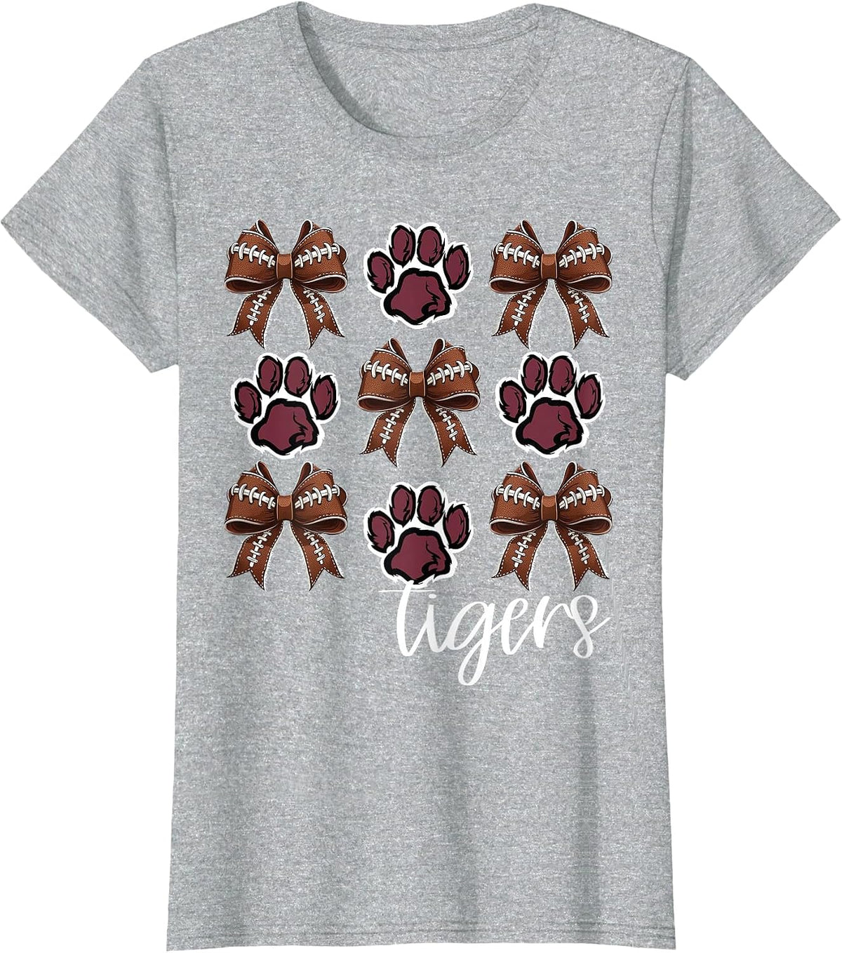 Tigers Football Mom Coquette Bows Game Day Maroon Tigers T-Shirt - Heather Grey