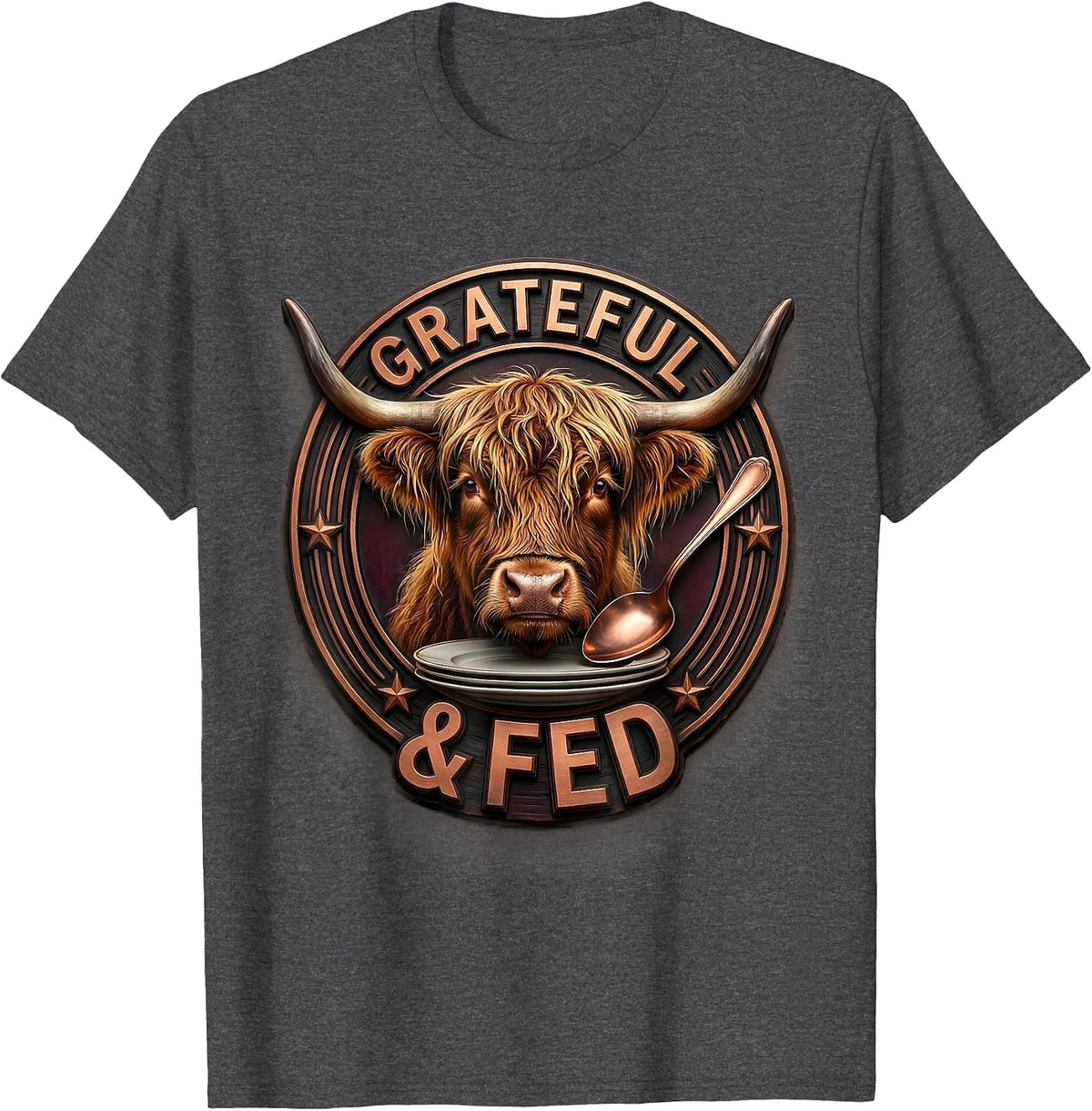 Men's Highland Cow Head Warm Copper Spoon Cute Thanksgiving T-Shirt - Dark Heather Grey