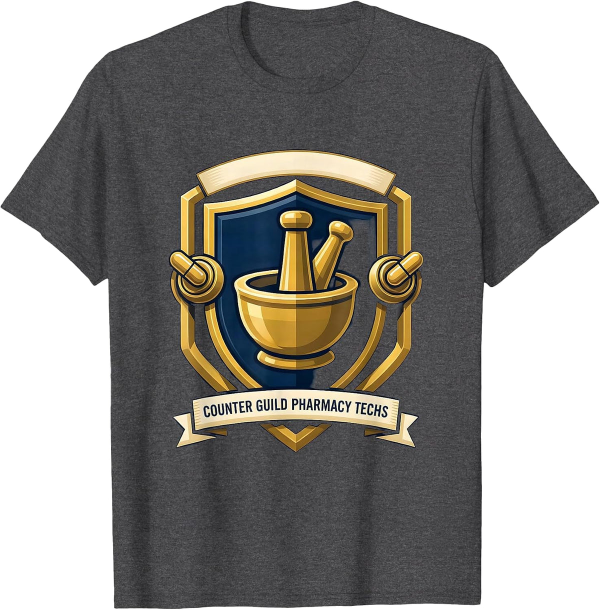 Men's Counter Guild Pharmacy Techs Funny Pharmacy Tech Crew T-Shirt - Dark Heather Grey