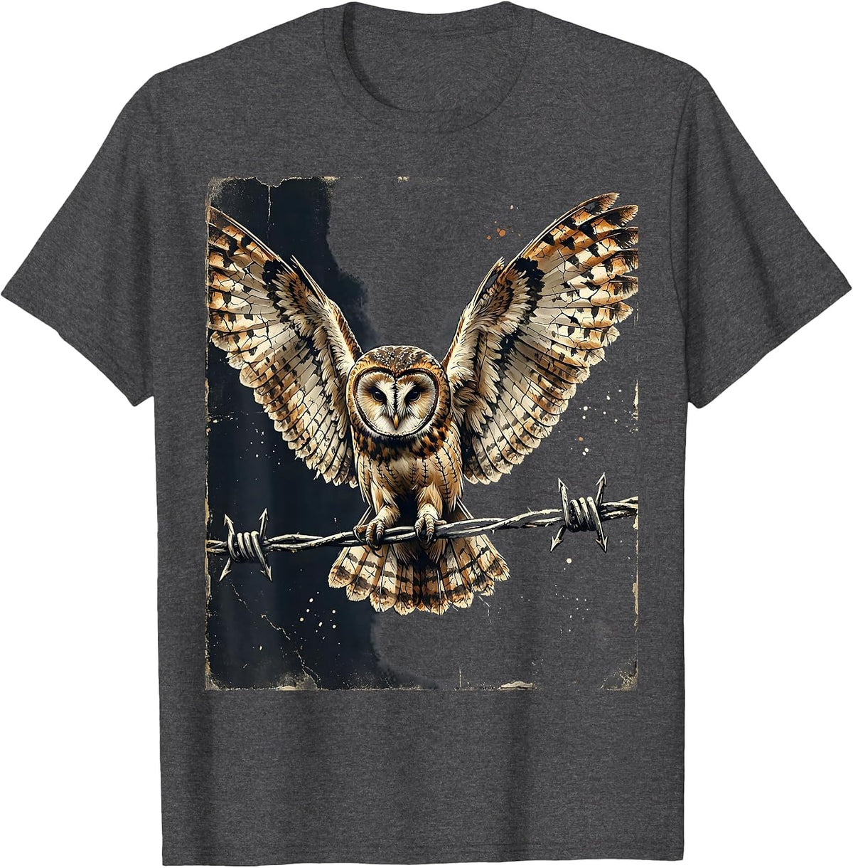 Barn Owl on Barbed Wire Fence Country Design T-Shirt - Dark Heather Grey
