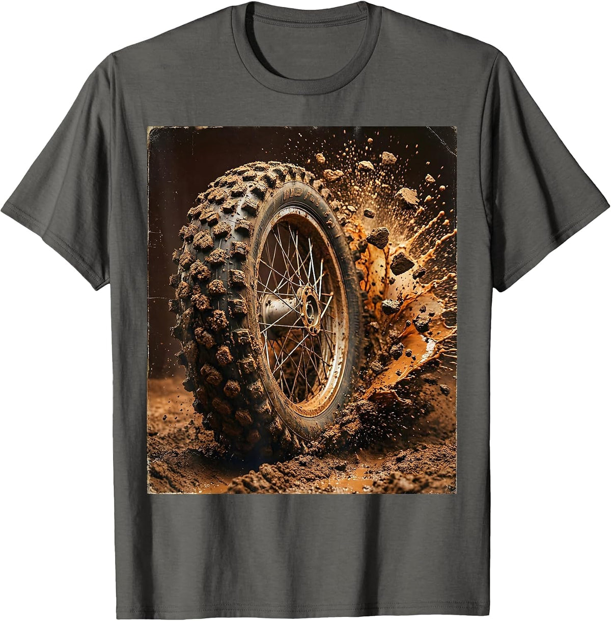 Dirt Bike Mud Splash Close-Up Graphic Tee T-Shirt - Asphalt Grey